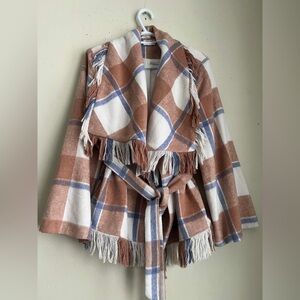 Elegant Plaid Fringe Cape - Tan and White